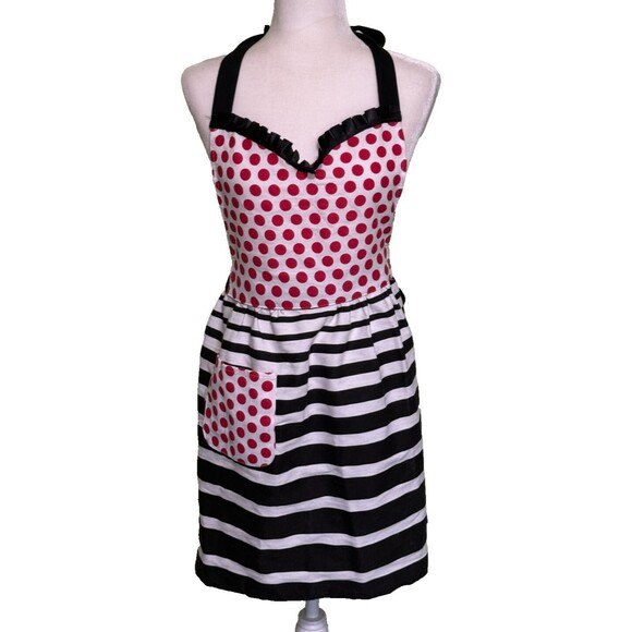 Gourmet Club Black, White & Red Bib Apron Stripes & Polka Dots One Pocket - Picture 1 of 4